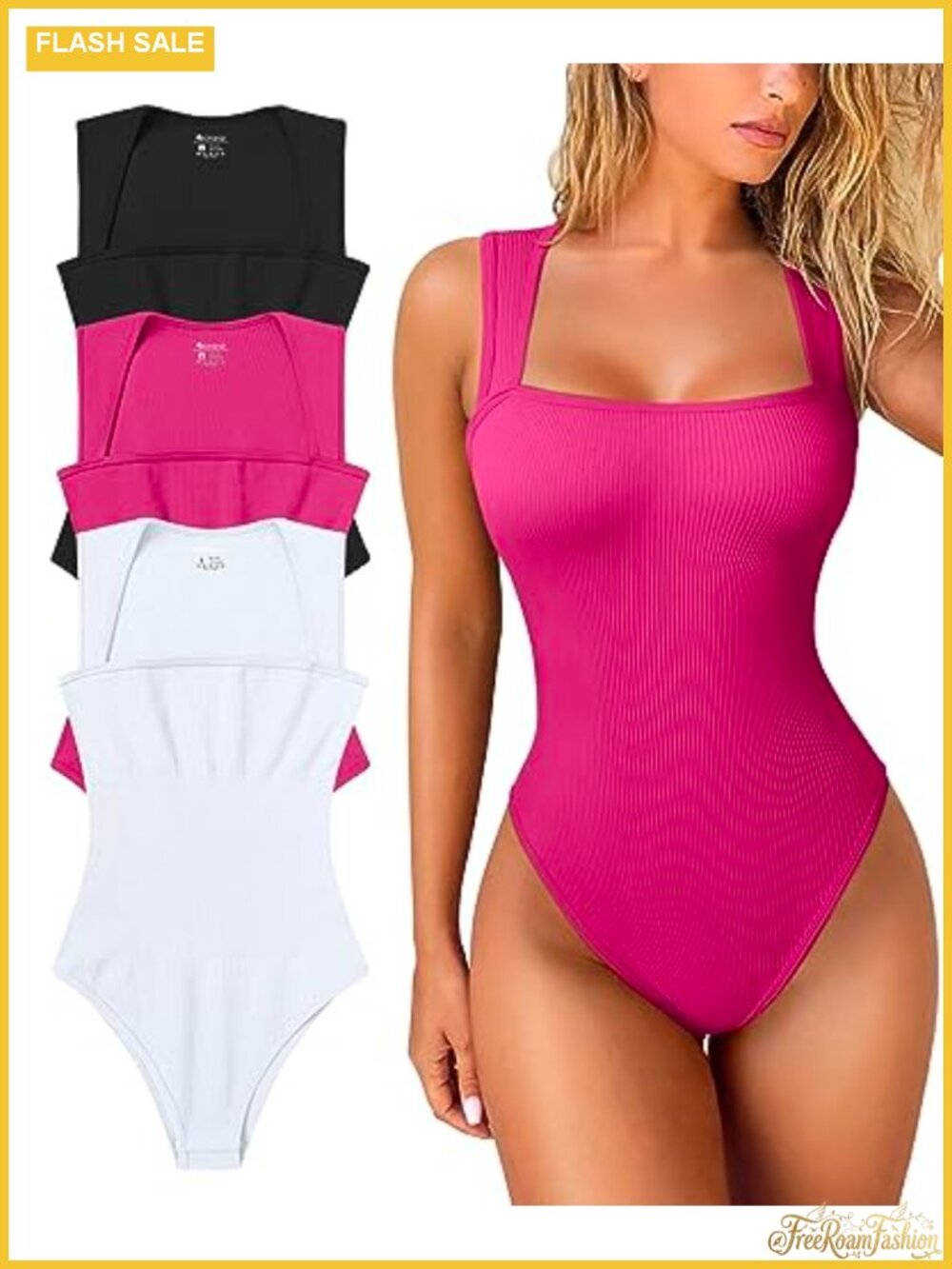 Square Neck Sleeveless Bodysuit 3 Piece Seamless Ribbed